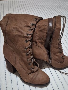 Brown Lace-Up Suede Block Heel Over-knee Boots